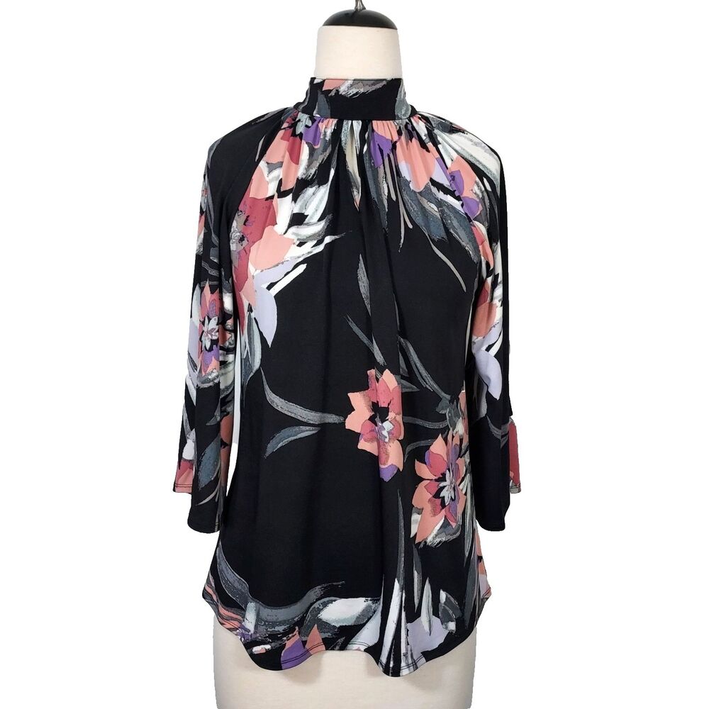 Est. 1946 Shirt Top Keyhole Neck Slit Flared Sleeve Stretch Watercolor Floral S